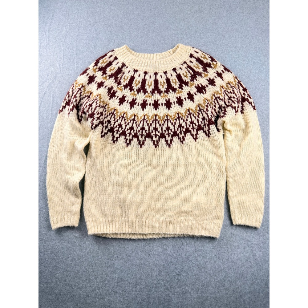Mountain and Isles Cream Fair Isle Knit Sweater XS Burgundy Gold Yoke Pullover